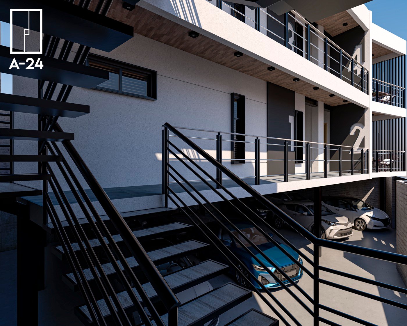 Render de escalera exterior en departamentos Florido, Tijuana