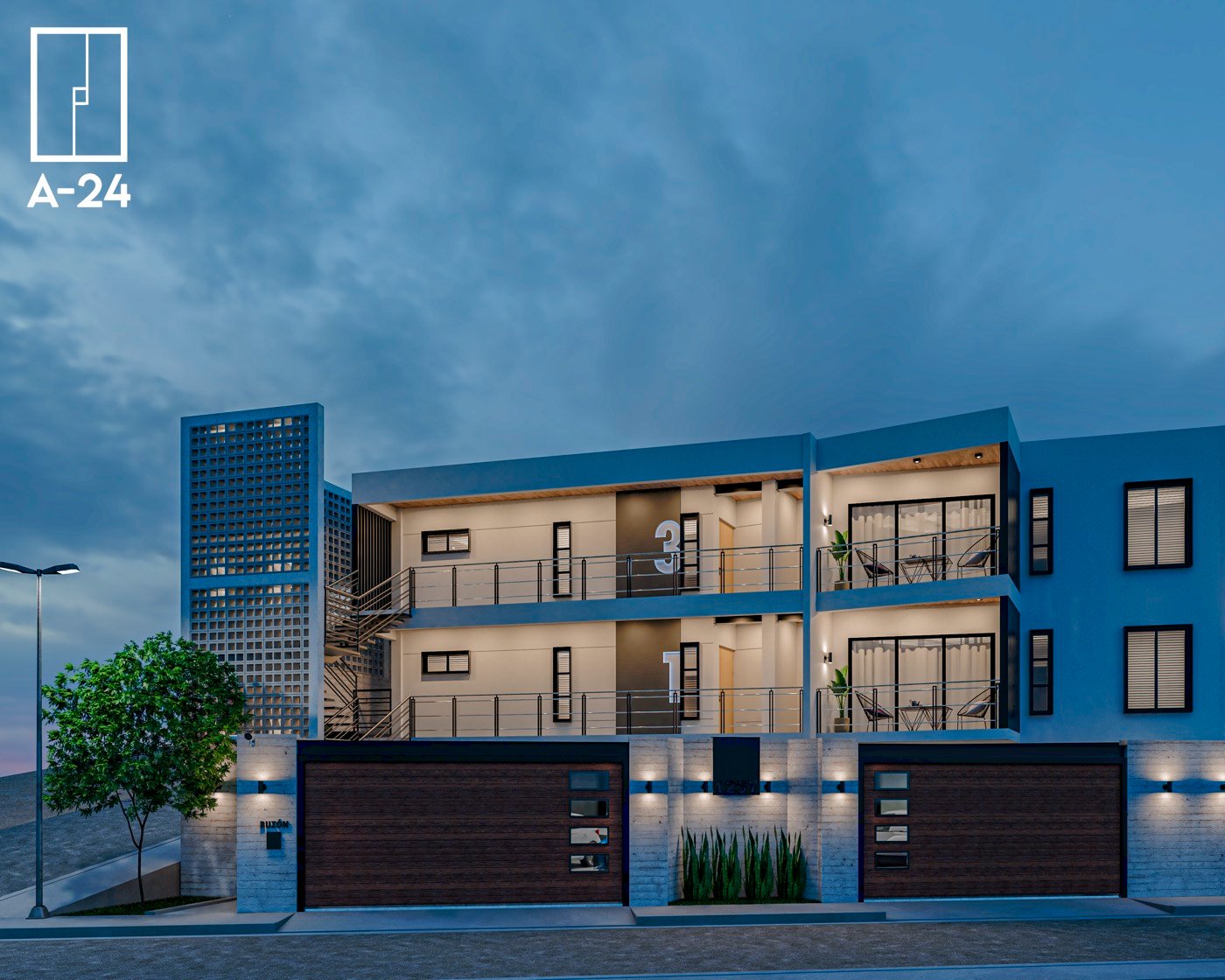 Render fachada de noche de departamentos Florido, Tijuana